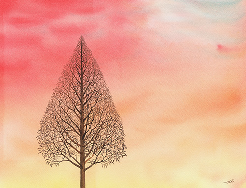 水彩画 春の空遠く